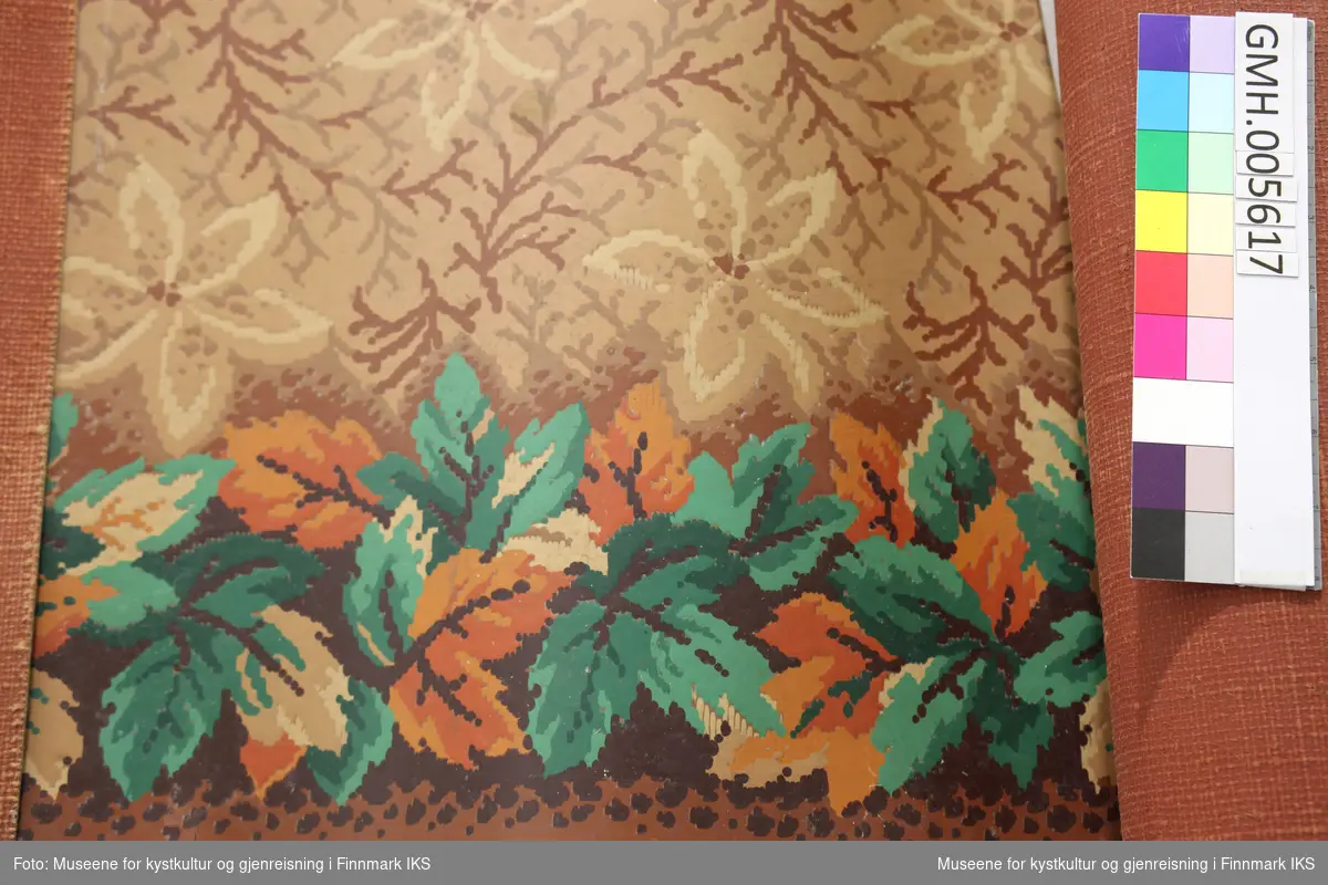 Gulvbelegget har lys brun hovedfarge med mønster med grener og blomster i mørkere brunt og beige. Belegget er rammet inn med brede border av grøne blader og beige og oransje blomster. Den ytterste kanten er mørke brun. Baksiden har et strieliknende stoff i brunt. Denne type belegg har vært brukt i gjenreisnigshus.