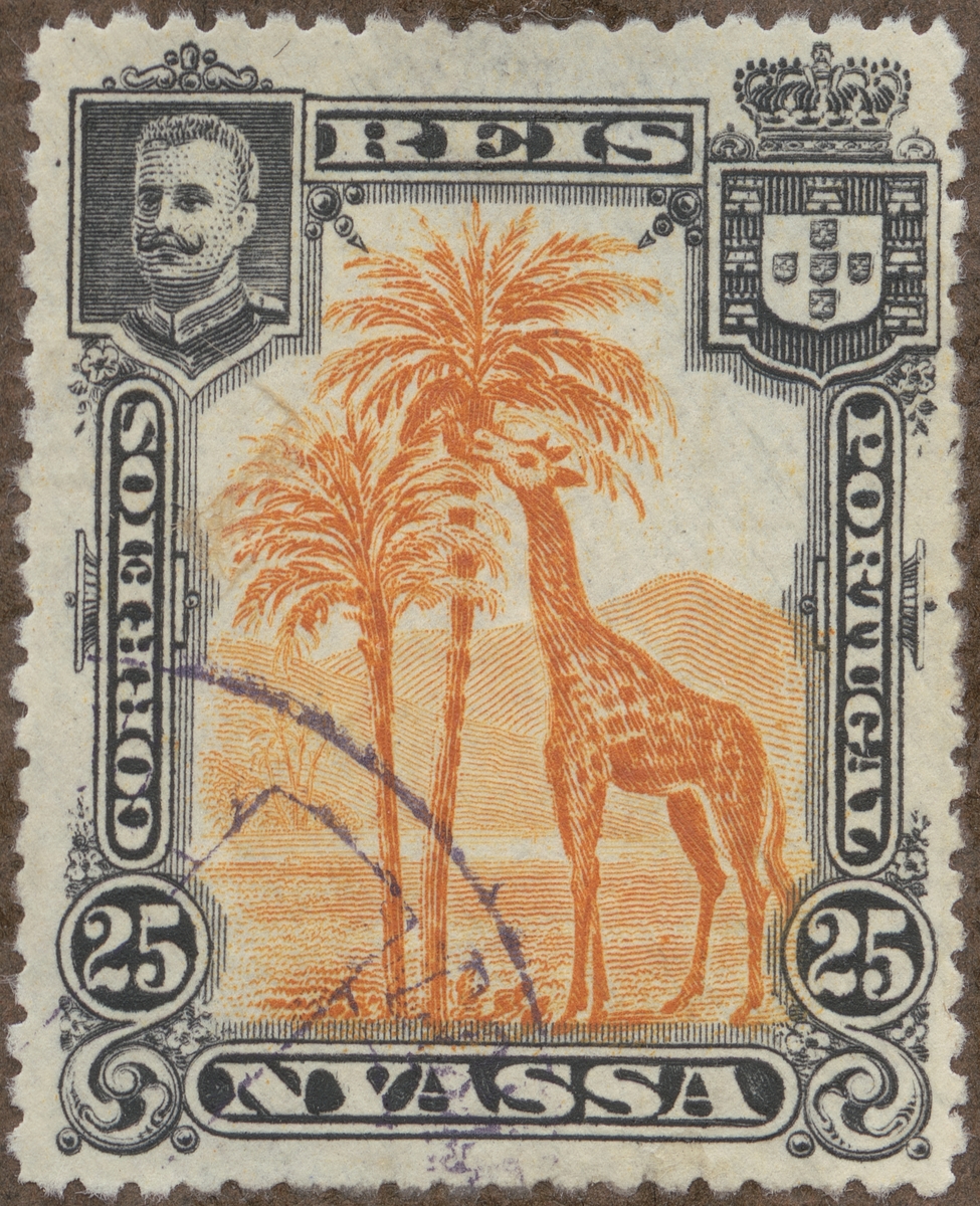 Frimärke ur Gösta Bodmans filatelistiska motivsamling, påbörjad 1950.
Frimärke från Nyassa, 1901. Motiv av palmer som föda åt giraffer.