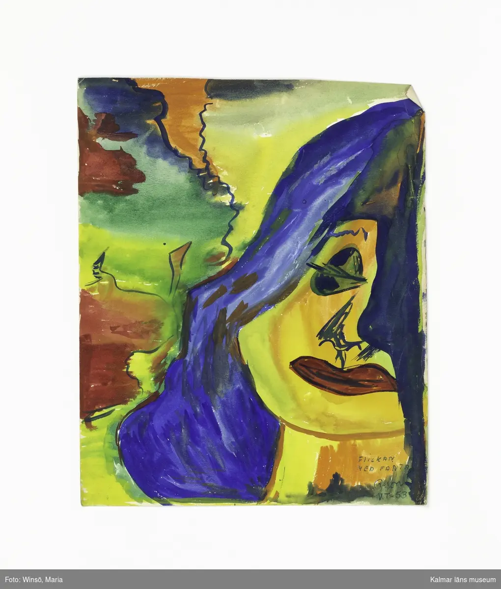 1. Kvinna med blått ansikte, gröna ögon och brunt hår. Titel: "Ilska". 2: Kvinna med gult ansikte och blått hår på flerfärgad bakgrund. Titel: "FLICKAN MED FANTASI".