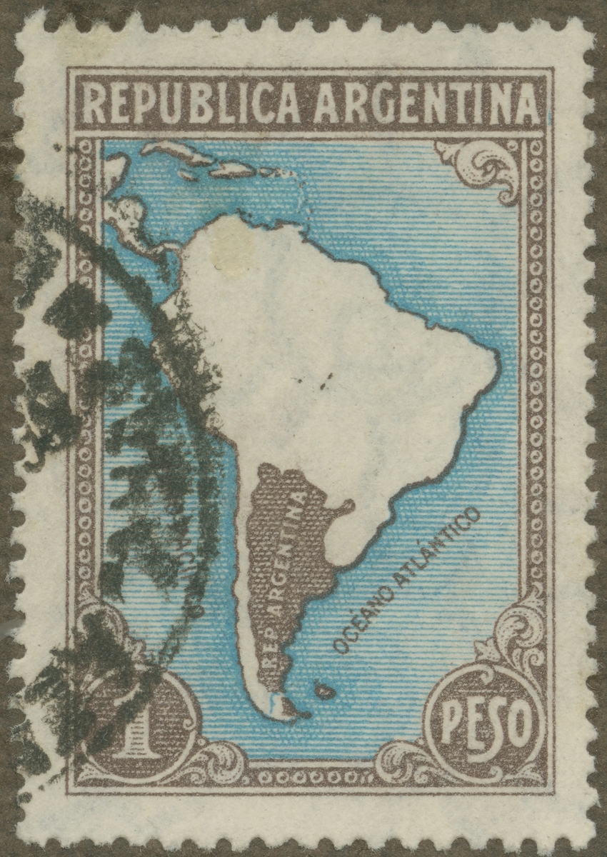 Frimärke ur Gösta Bodmans filatelistiska motivsamling, påbörjad 1950.
Frimärke frånArgentina, 1935. Motiv av Argentina på Sydamerikas karta.