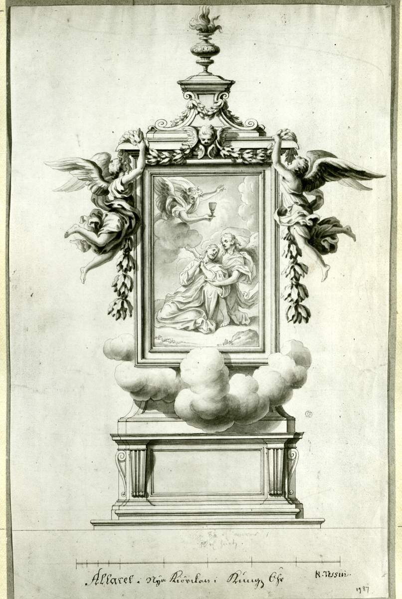 Kung Karl sn, Kungsör.
Nicodemus Tessin d.y:s ritning till kyrkans altarprydnad.