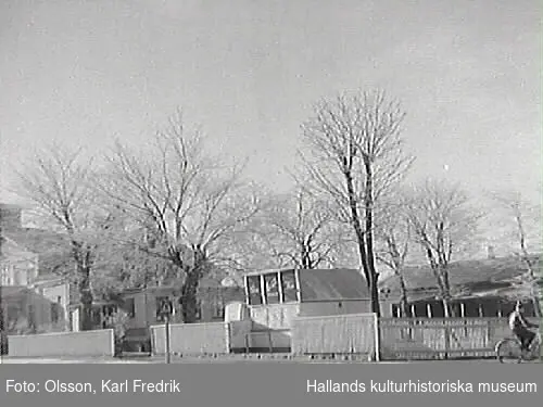 "Valfrids Kiosk", på samma tomt (kv Trädgården 6) som Gillets restaurang/Pehrssonska Trädgården, omkring år 1960. Bakom kiosken biljardsalongen. Restaurangbyggnaderna revs 1962 och kiosken flyttades över till andra sidan gatan, kv Brunnsparken, för byggandet av Domus varuhus.
Karl Fredrik Olson var redaktör (ca 1935-1965) på Hallandsposten så bilderna har troligen varit publicerade i tidningen.