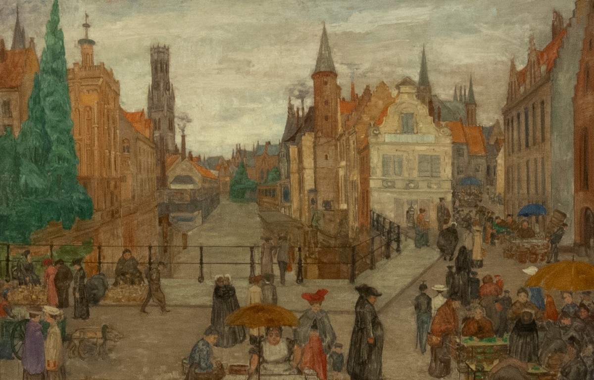 Maleri med motiv av mennesker på torg i Brugge.