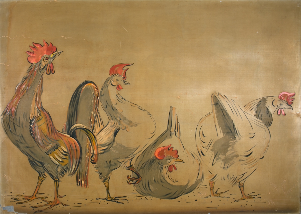 Silkemaleri med motiv av "Tre høner og en hane". Har vært dekor på hurtigruteskipet LEDA tilhørende BDS.