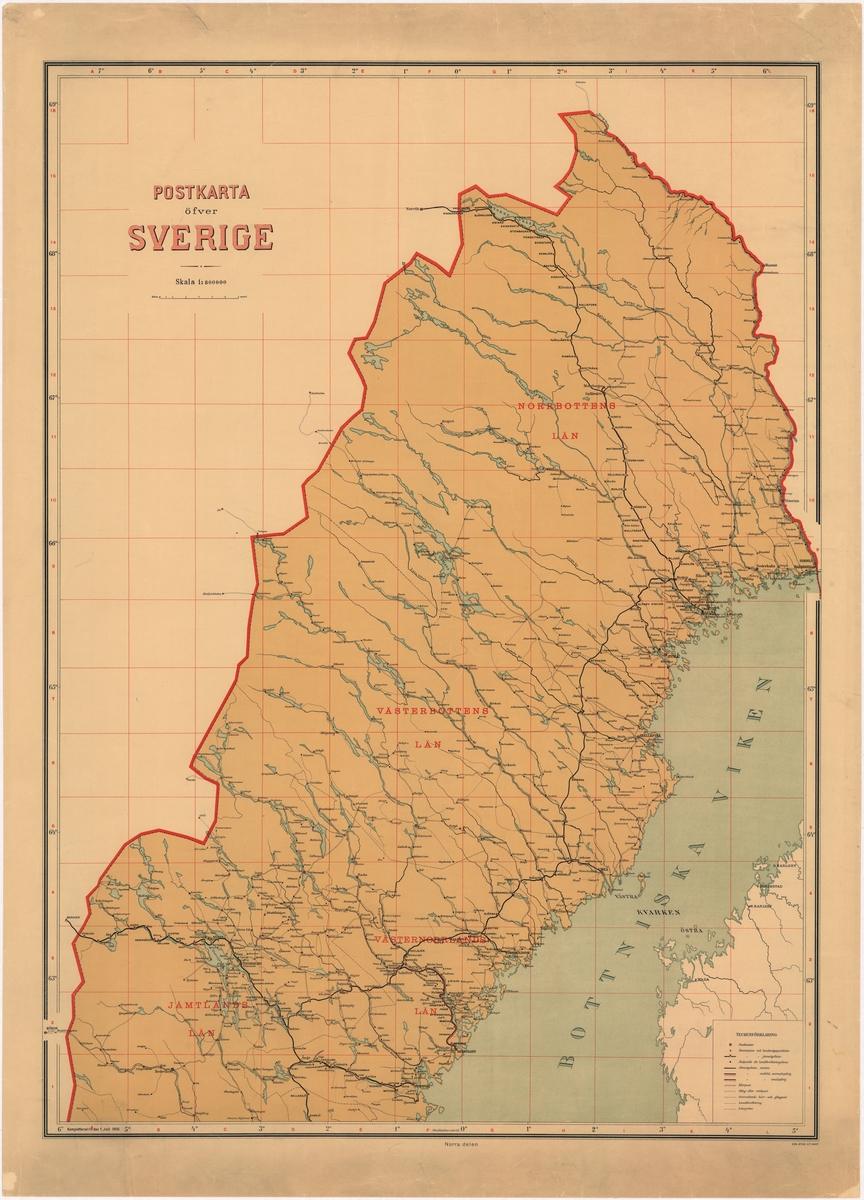 Postkarta över Sverige, norra delen, utgiven 1916 (kompletterad till den 1 juli 1906). Skala 1:800 000.