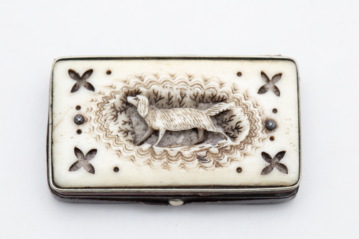 Snusdåse, stål trukket med skinn, lokk utskåret ben, hund i midten. Muligens 1840-årene fra Sørfondens samling.