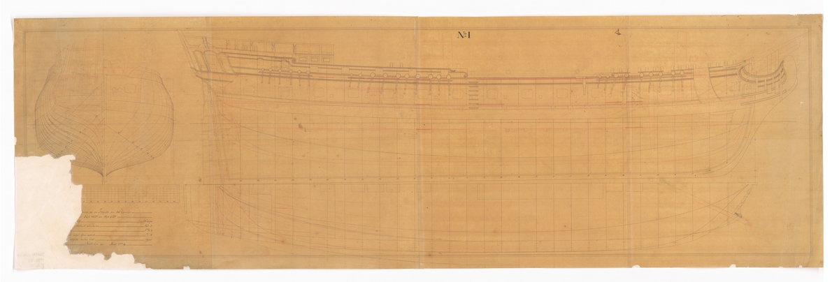 Spantruta, konstruktionsritning i profil och plan till 40-kanonersfregatt av BELLONA-klass.
