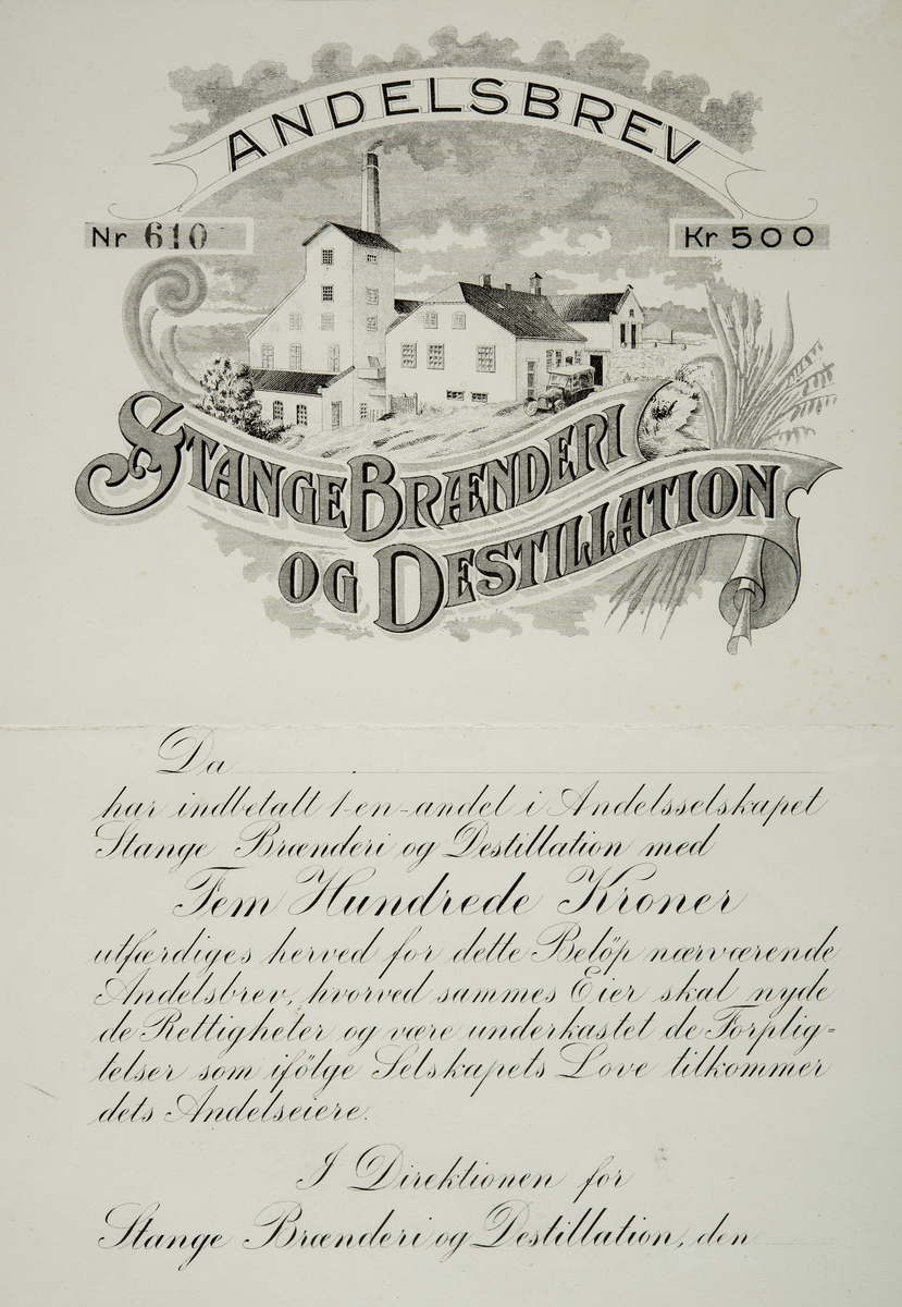 Det originale andelsbrevet for Stange Brænderi og Destillation. 