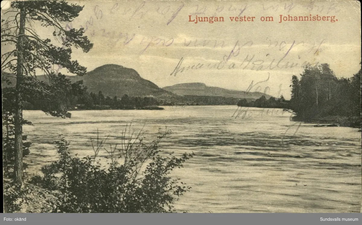 Vykort med motiv över Ljungan väster om Johannisberg.