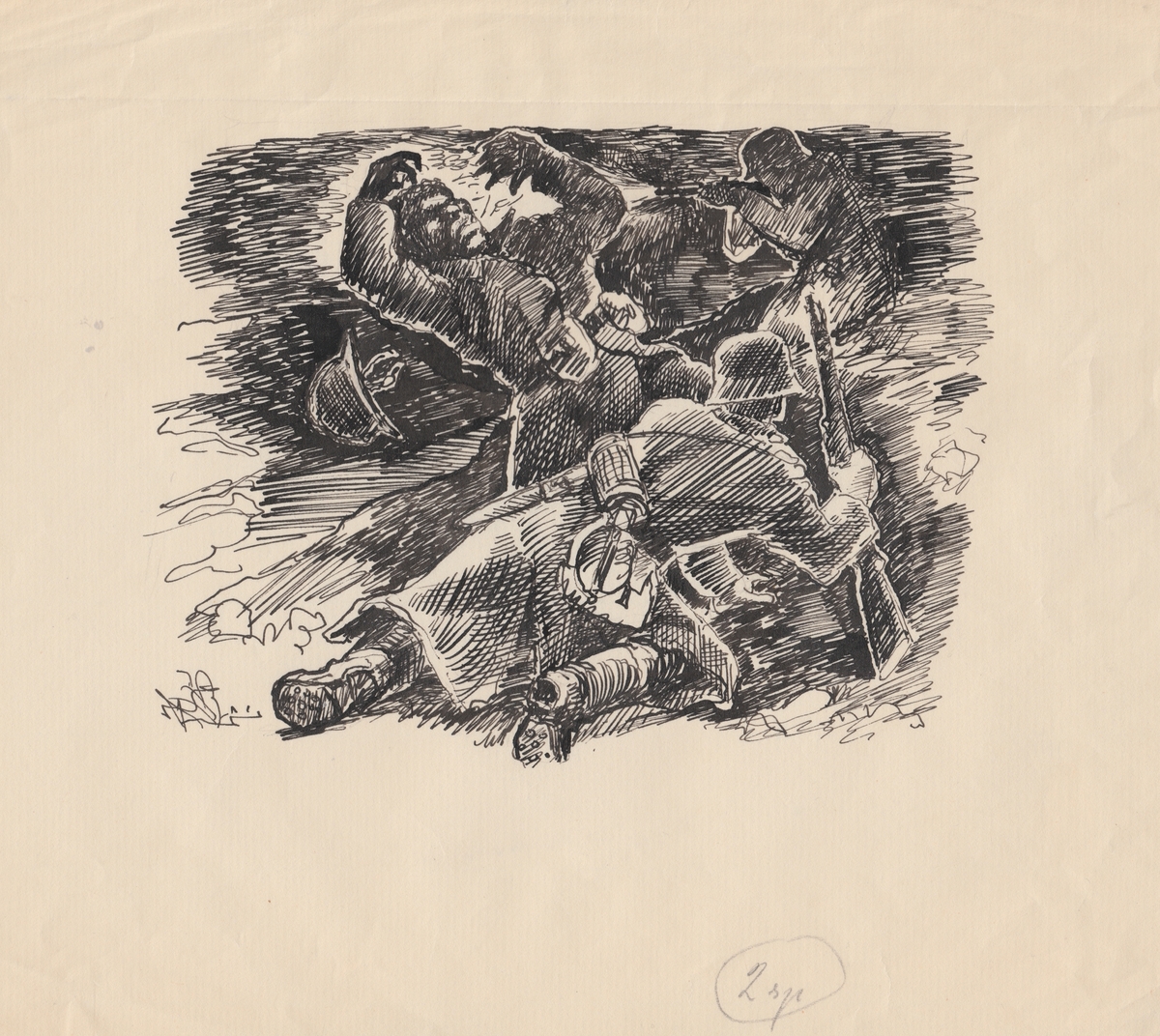 Tegning som viser en krigsscene med tre soldater i kamp.
