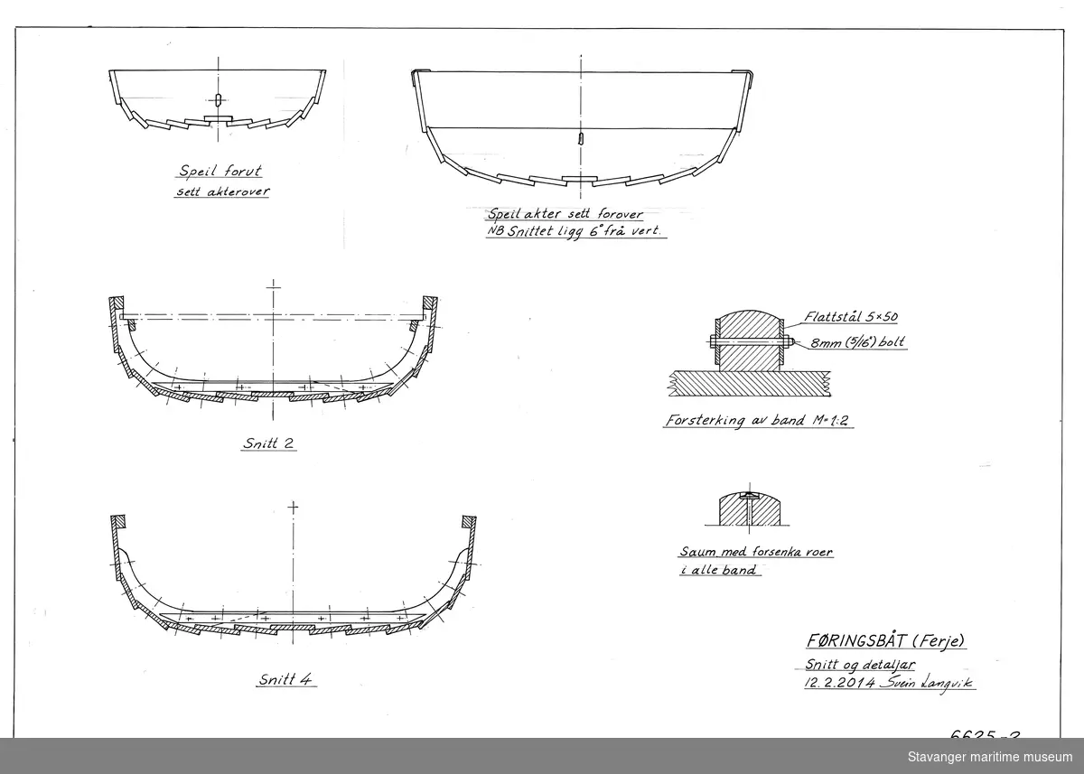 Oppmålingstegning av bruksbåt, føringsbåt fra Vik i Suldalsosen på folie, tegnet med penn. Snitt og detaljer.