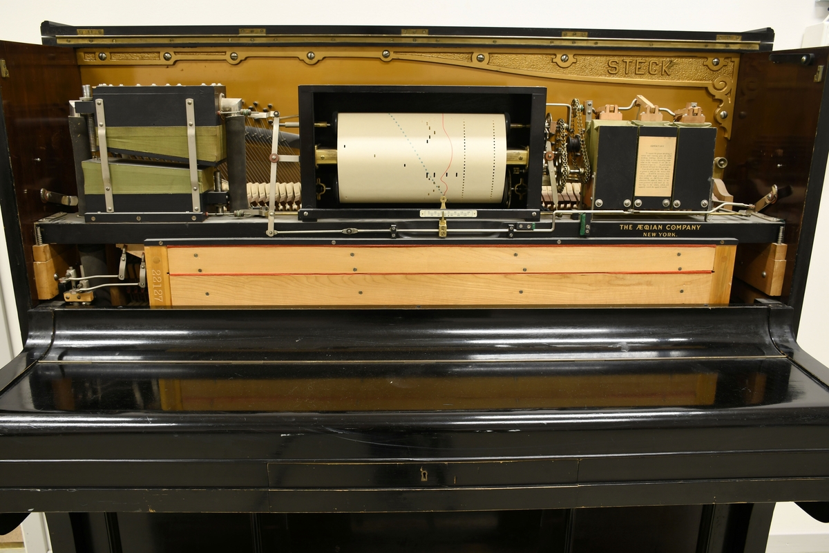 Självspelanade piano, s.k pianola med pneumatisk mekanism för automatisk spelning av perforerade ljudrullar.