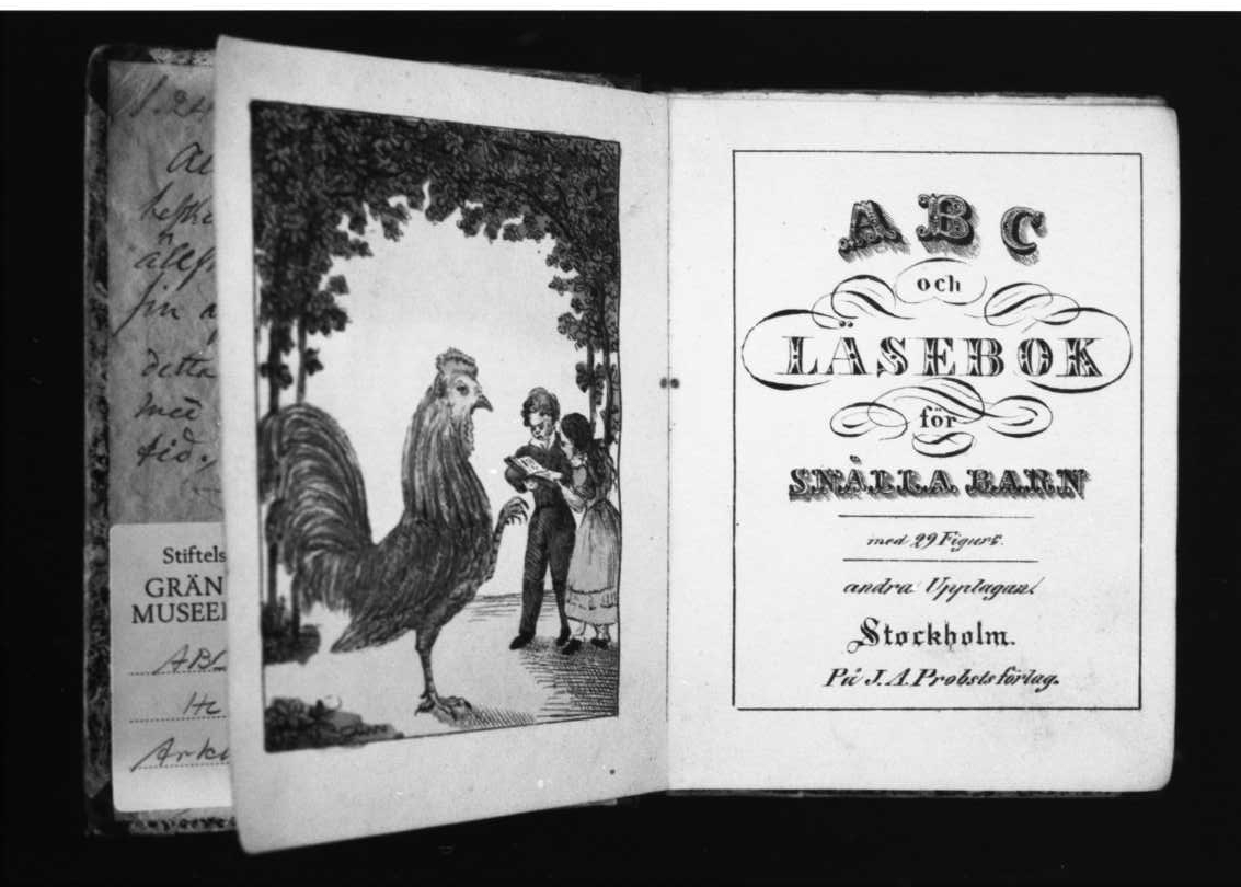 Fotografi av bok: "ABC och Läsebok för snälla barn", tryckt 1839.