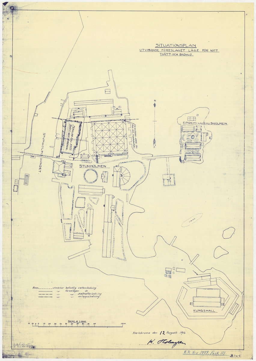 1 st. situationsplan utvisande föreslaget läge för nytt tvätt- och badhus på Stumholmen. Karlskrona den 12 Augusti 1916 K.Holmgren. Kopia på papper.