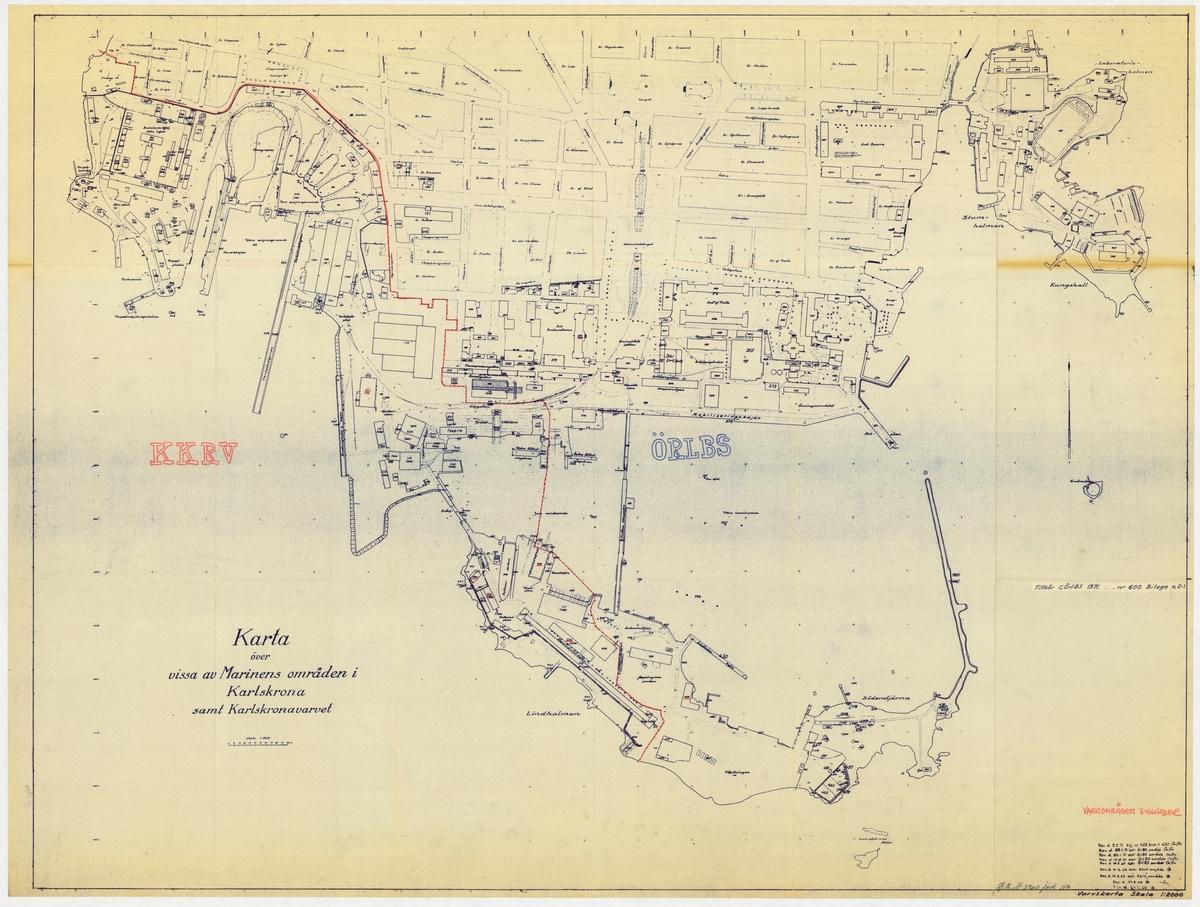1 st. karta över Örlogsvarvet och vissa delar av Marinens område i Karlskrona samt Karlskronavarvet. Kopia på papper.