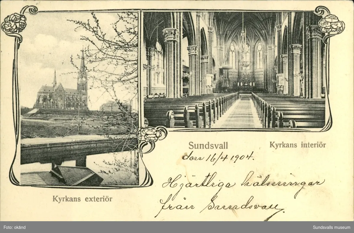 Vykort med motiv av exteriören och interiören i Gustav Adolfs kyrka.