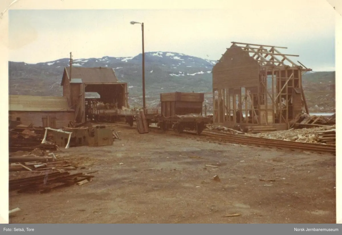 Kisvogn og godsvogner på Lomi stasjon, kort tid før Sulitjelmabanens nedleggelse