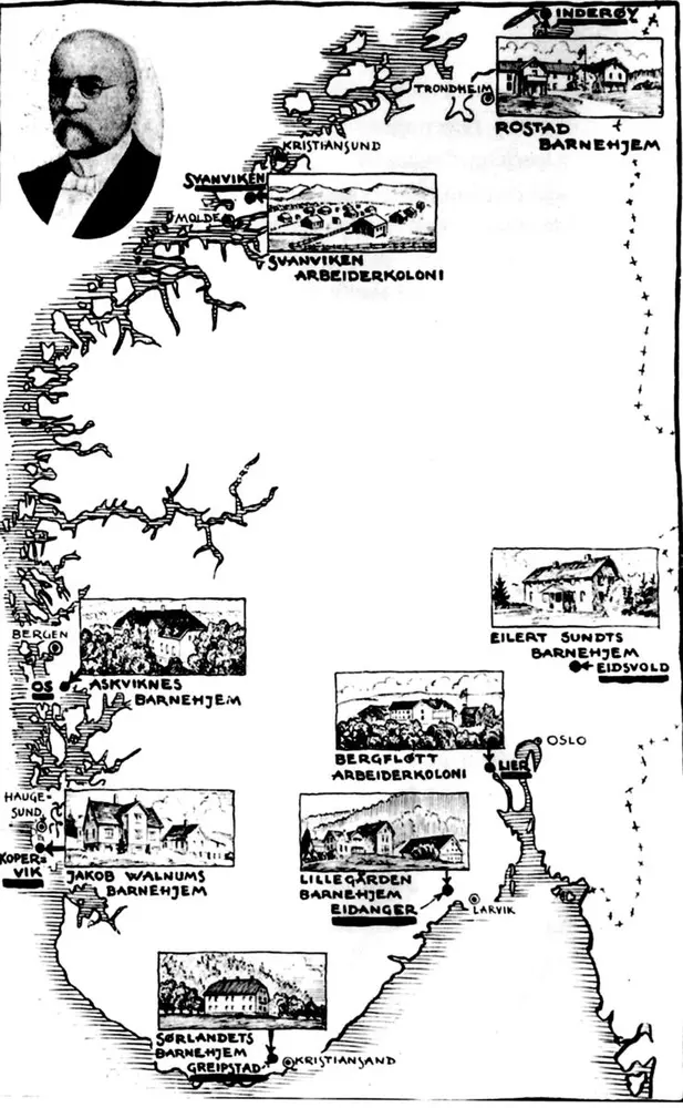 Geografisk oversikt over Misjonens barnehjem og arbeidskolonier.