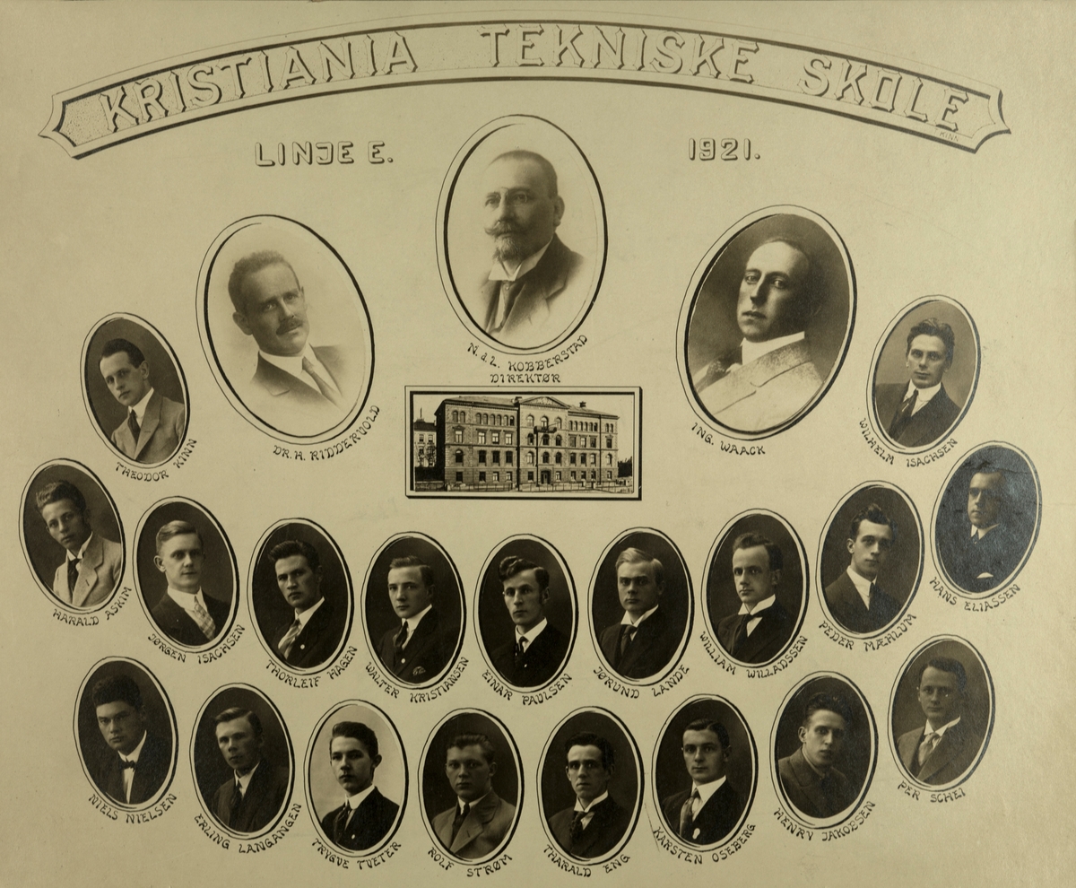 Klassebilde fra elektroingeniørlinjen ved Kristiania Tekniske Skole i 1921.