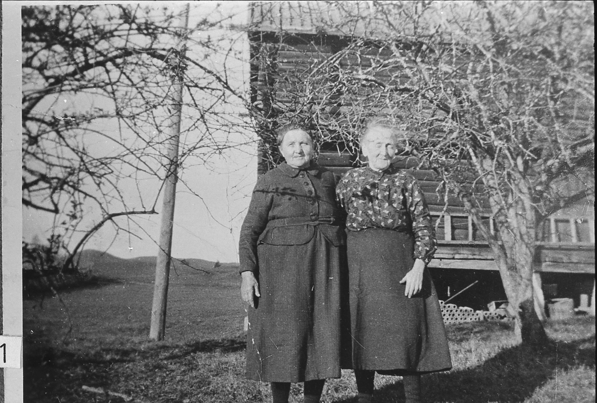 Eidal, fra tunet mot stabburet. Kristi Eidal og Sigrid Eidalshagen, ca. 1940.