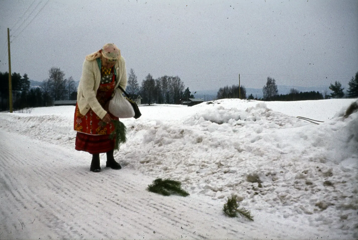 Milla places branches as signs for other Travelers. Ca. 1973.