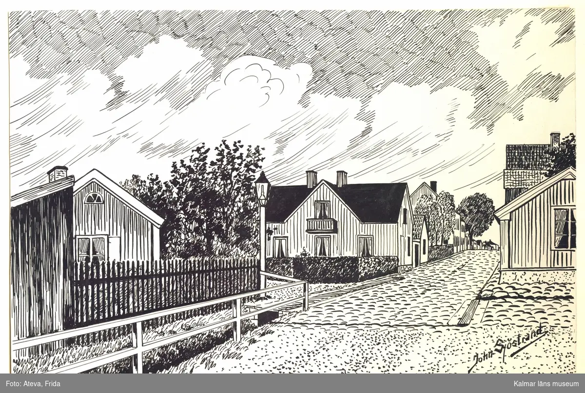 Södra Malmgatan på Malmen på 1800-talet. Kullerstensgator med hus, staket, häckar och gatlyckta. Gatukorsning med Tullgatan och Strandgatan, på nedre Malmen.
