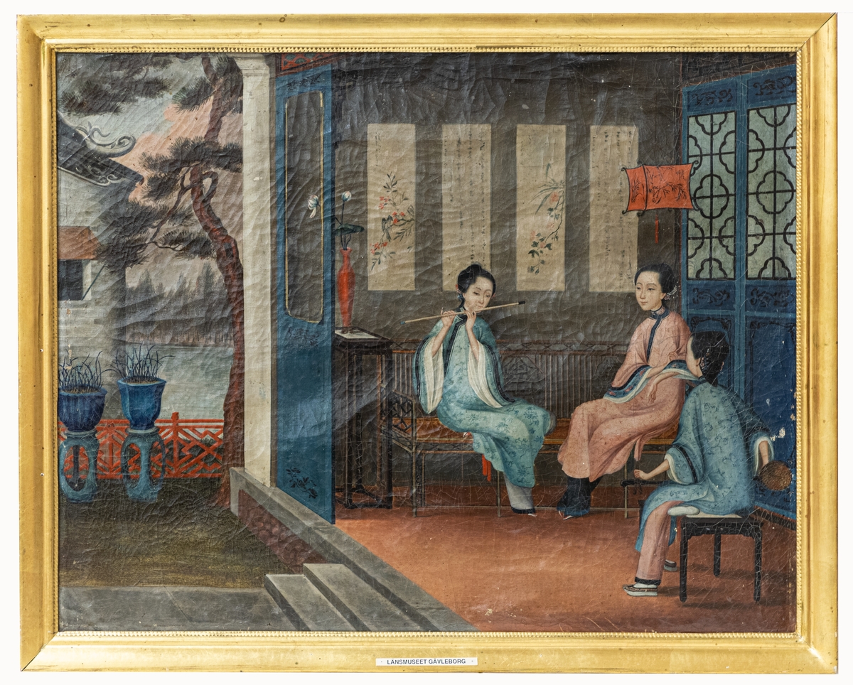 Oljemålning på duk, kinesisk, "Tre musicerande damer", från 1800-talets början.