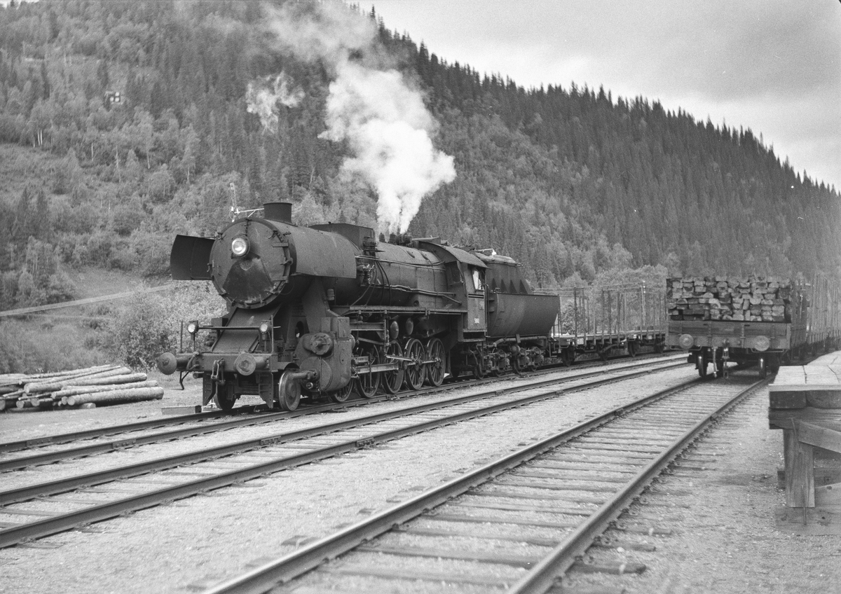 Underveisgodstoget fra Trondheim til Hamar over Røros, tog 5712, skifter på Kotsøy stasjon. Toget trekkes av damplokomotiv type 63a nr 5860.