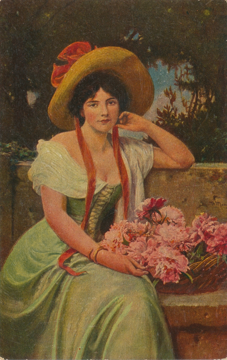 Postkortmotiv av et maleri med portrett av ei kvinne.