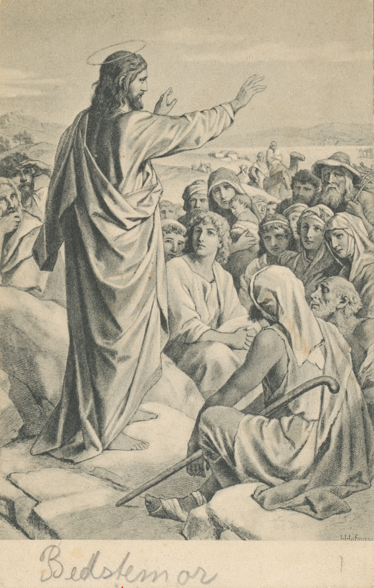 Poskortmotiv av ei tegning av Kristus som står foran flere mennesker.