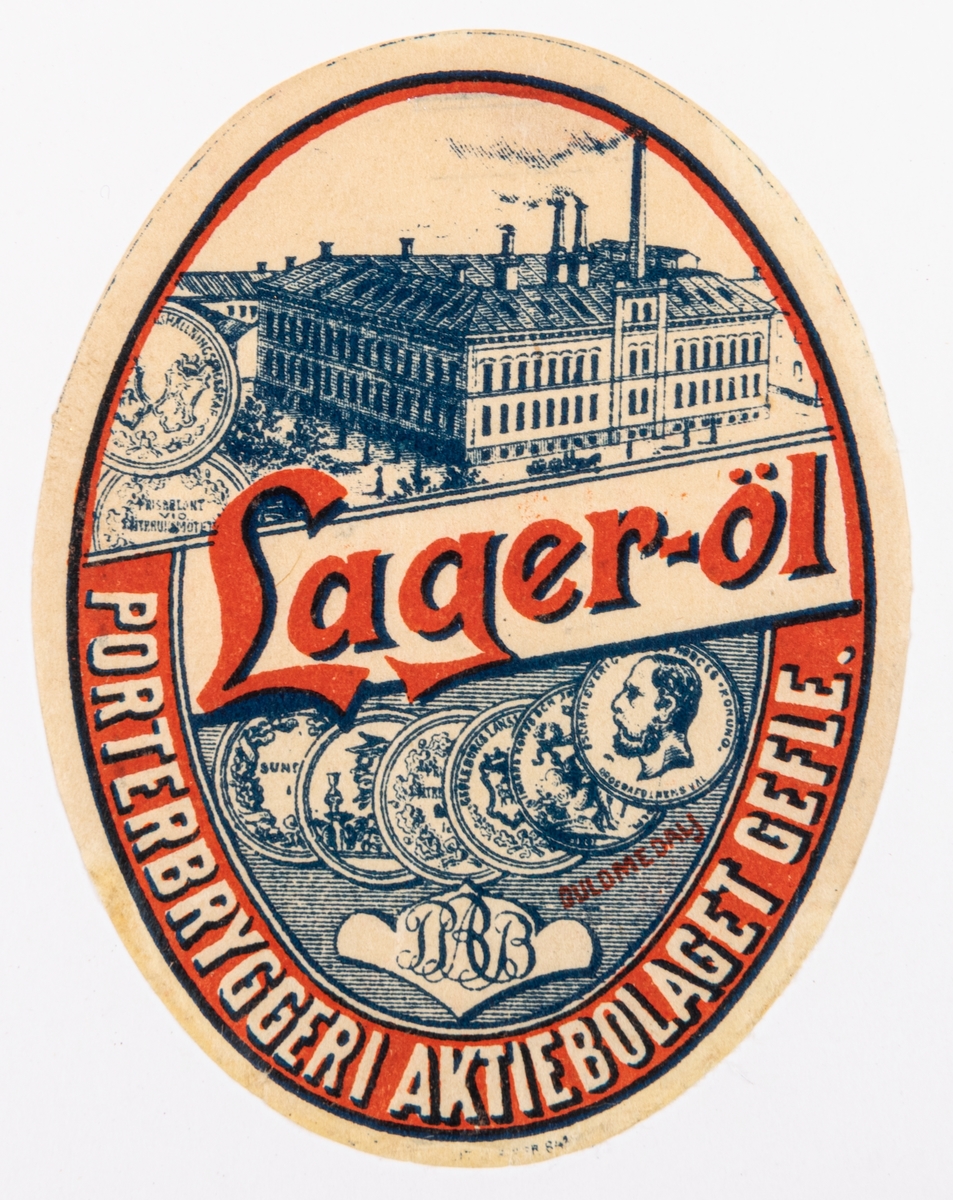 Öletikett: Lageröl, porterbryggeriet AB, Gefle.
Del av samling bryggerietiketter av papper, från olika bryggerier i Gävle.