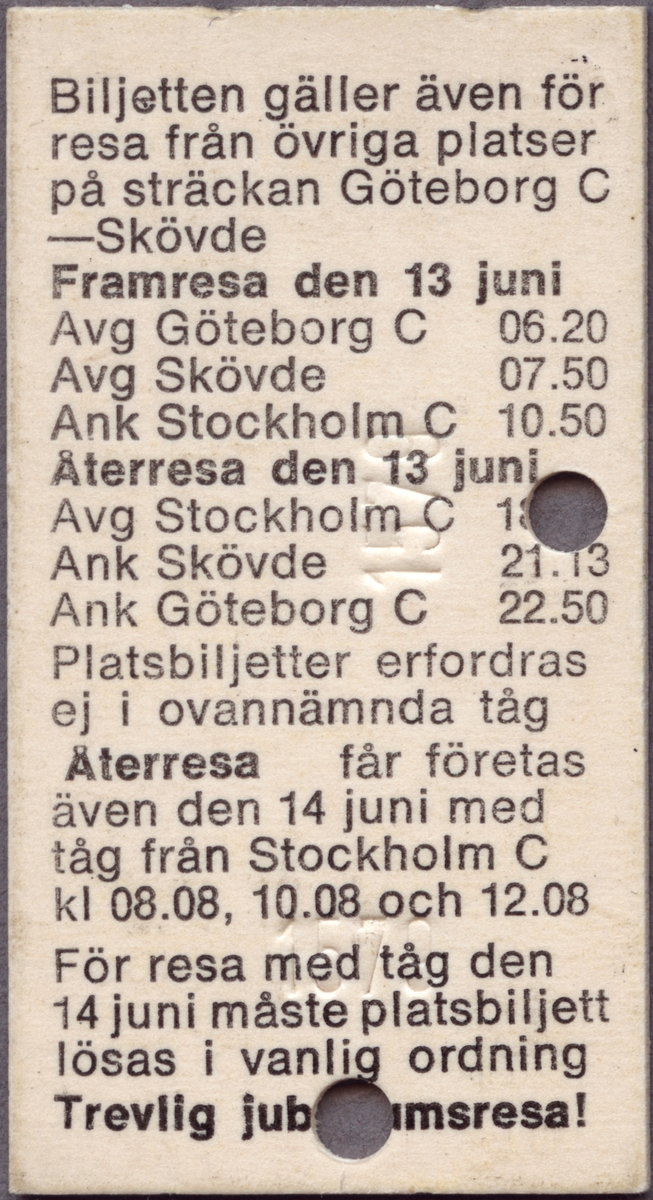 Jubileumsresebiljett, "Specialresa" för firandet av SJ 125 år den 13 och 14:e juni 1981. Biljetten är giltig en av dagarna på sträckan Göteborg C-Stockholm C och åter. Biljetten har samma format som en Edmondsonsk biljett. Biljetten är klippt två gånger.