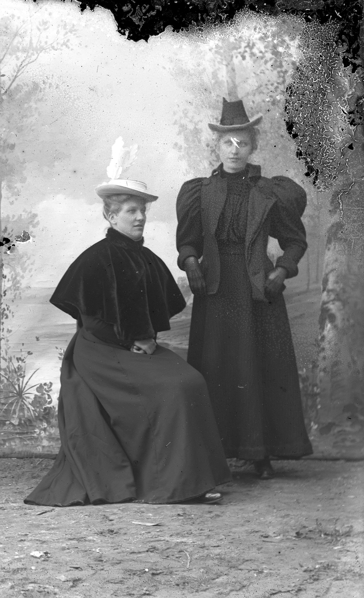To kvinner. En står (mørk kjole/jakke, hatt) og en sitter (mørk kjole/cape, lys hatt).