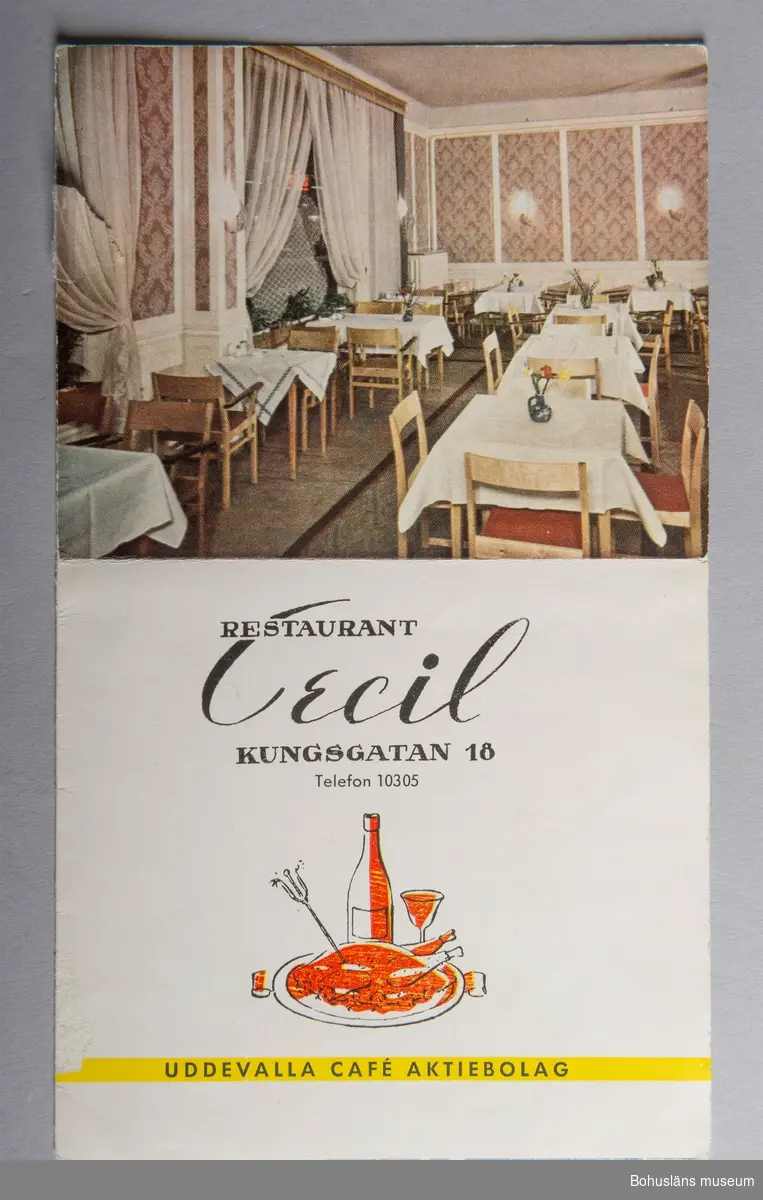 Fyrfärgsbroschyr för Restaurant Cecil, Kungsgatan 18, Uddevalla, 1930-tal. 
Minnesanteckningar om arbetsvillkor.