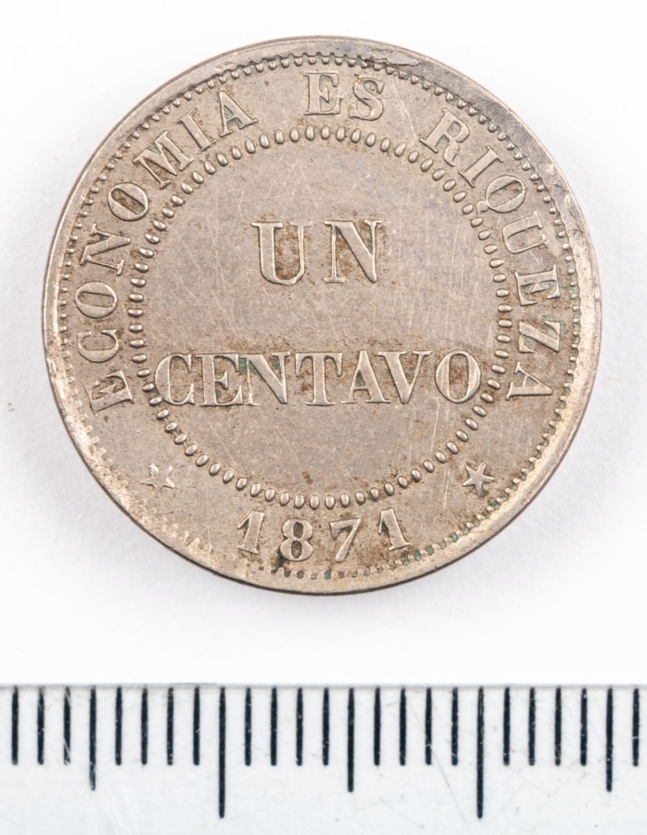 Mynt, Chile, 1871, 1 Centavo.