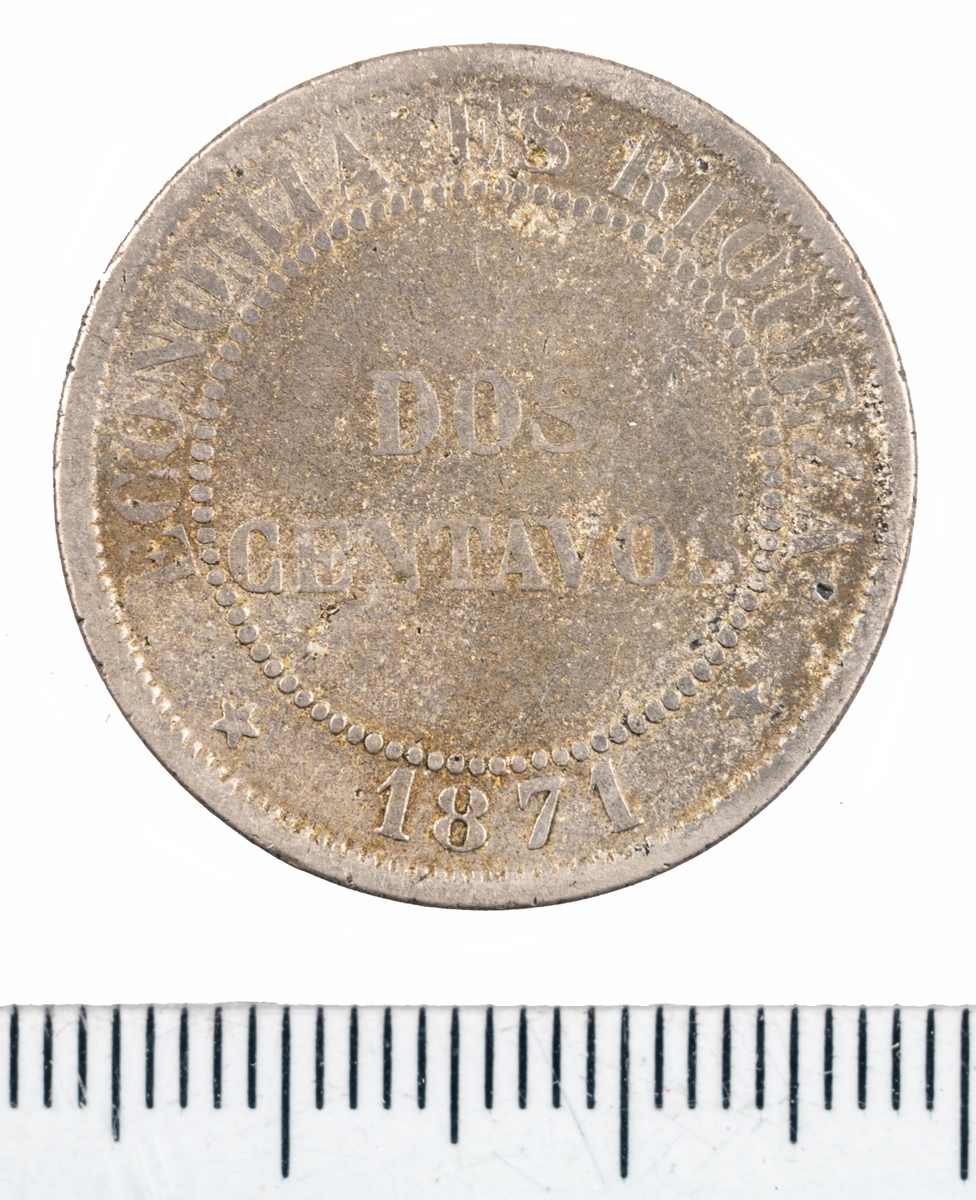 Mynt, Chile, 1871, 2 centavos.