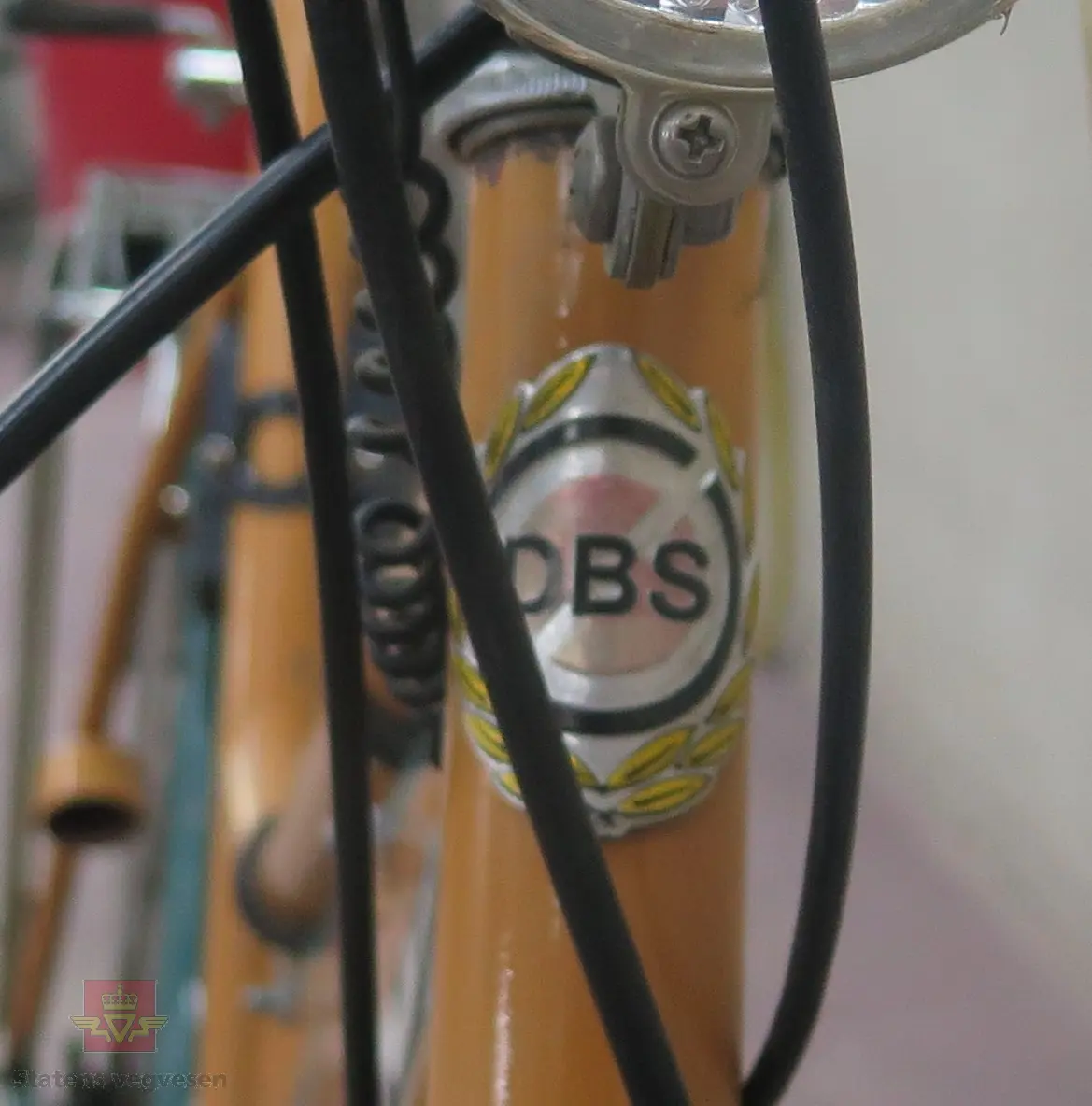 DBS damesykkel. Sykkelen har oransje ramme og grønn kjedekasse og skjermer. Utstyrt med lykt foran, og speedometer. Har 5 gir (type Torpedo).
