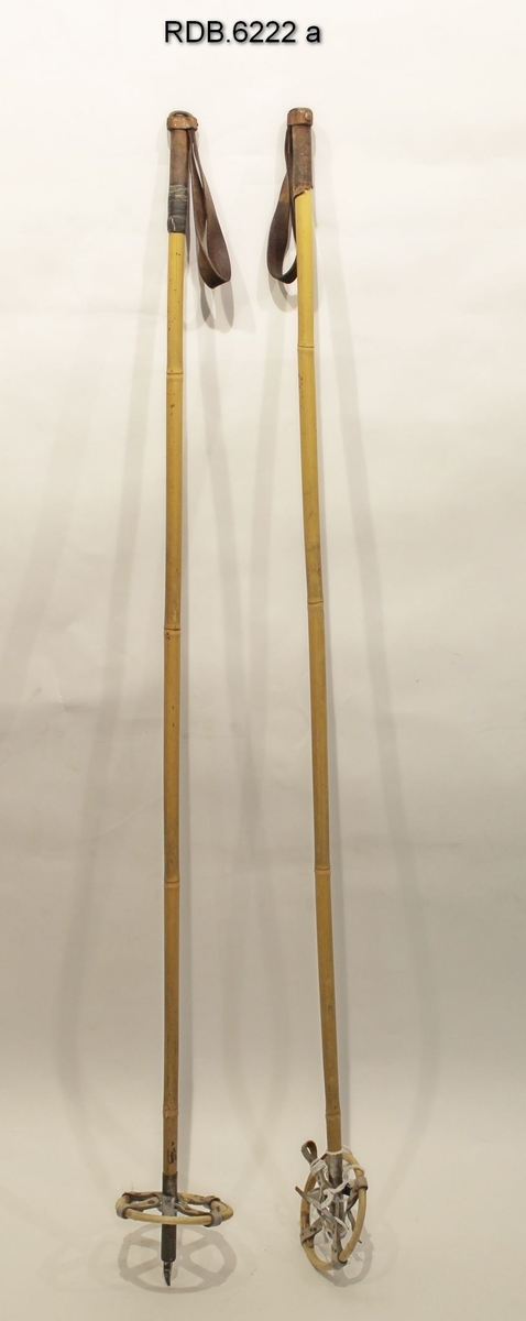 Et par bambusstaver med brune lærhåndtak og fastklinkede lærstropper. Store bambuskringler med lærkryss. Diise er ødelagt og er heftet sammen med piperensere. Aluminiumsholk og stålpigg. Stav A har gått i stykker nederst og er påsatt en stor mutter. Stav B har fastsurret isolasjonsband på handtaket.