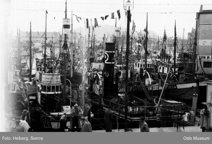havn, fiskeskøyter, flagg. byens 100-årsjubileum, mennesker