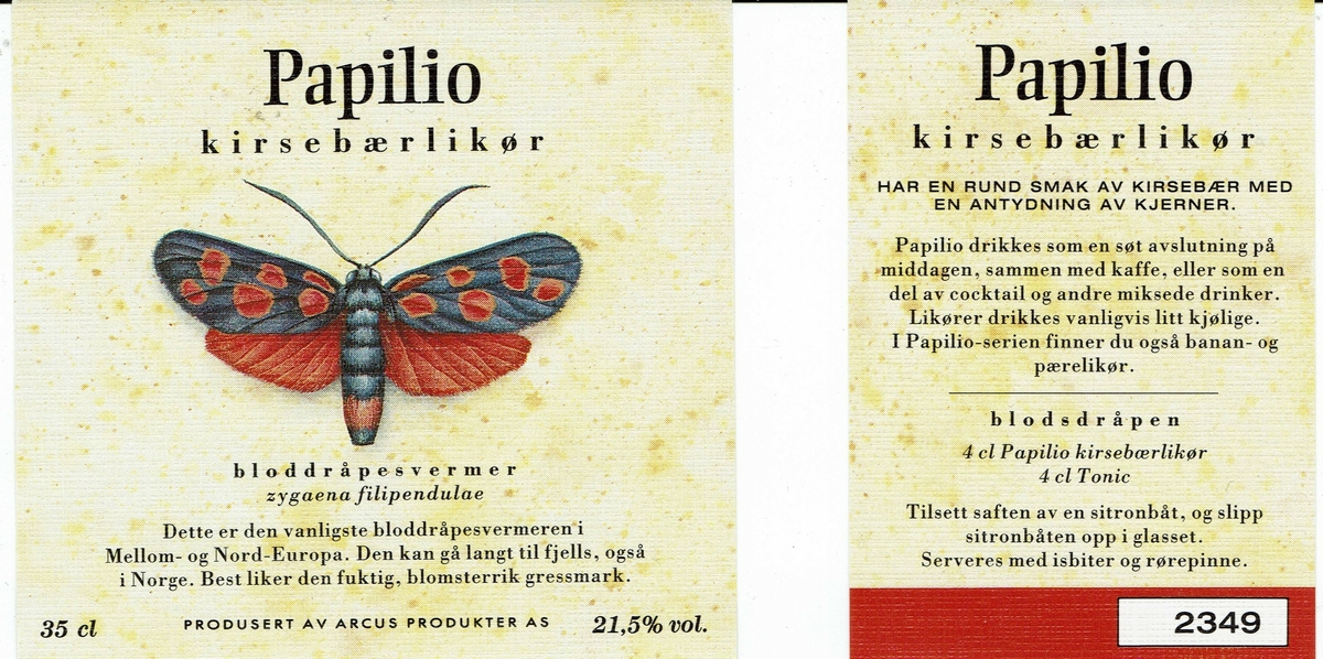 Papilio kirsebærliikør  21.5% vol. Produsert av Arcus Produkter AS. 