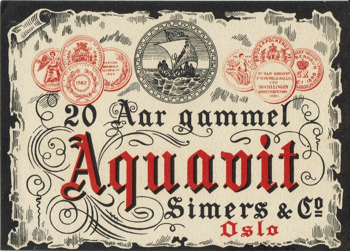 20 Aar gammel Aquavit. Simers & Co, Oslo. 