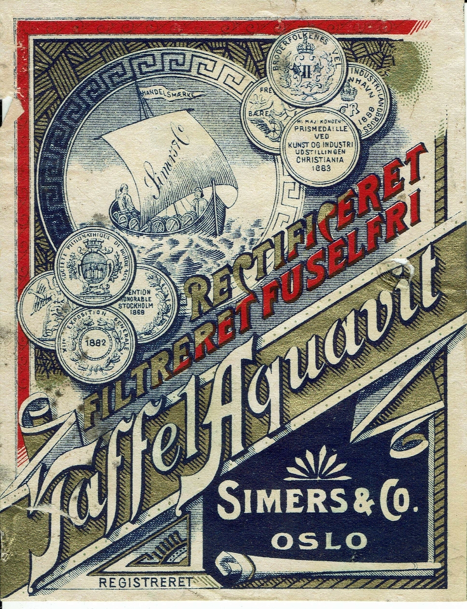 Simers Taffel Aquavit. Rectificeret, Filtreret, Fuselfri. Simers & Co, Oslo. 