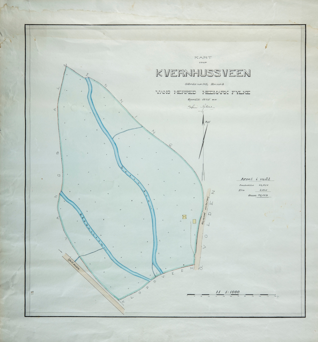 Kart, Krokikart over Kvernhussveen 145/3 under Kjøs (81/1) i Vang. Kartet er tegnet i 1925.