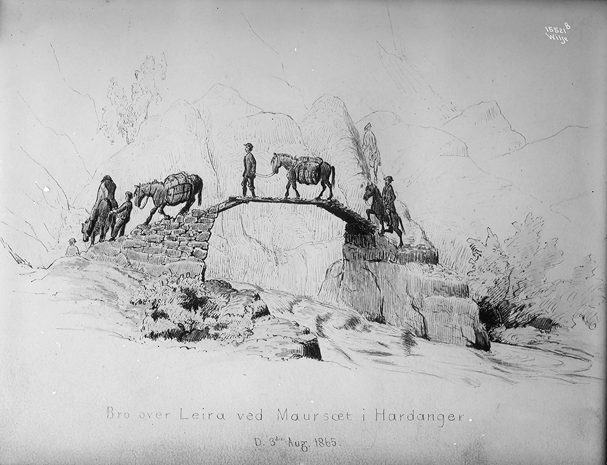 Prot: Turistforeningen Copi tegninger  Tekst på tegning: Bro over Leira ved Maursæt i Hardanger den 3die Aug 1865