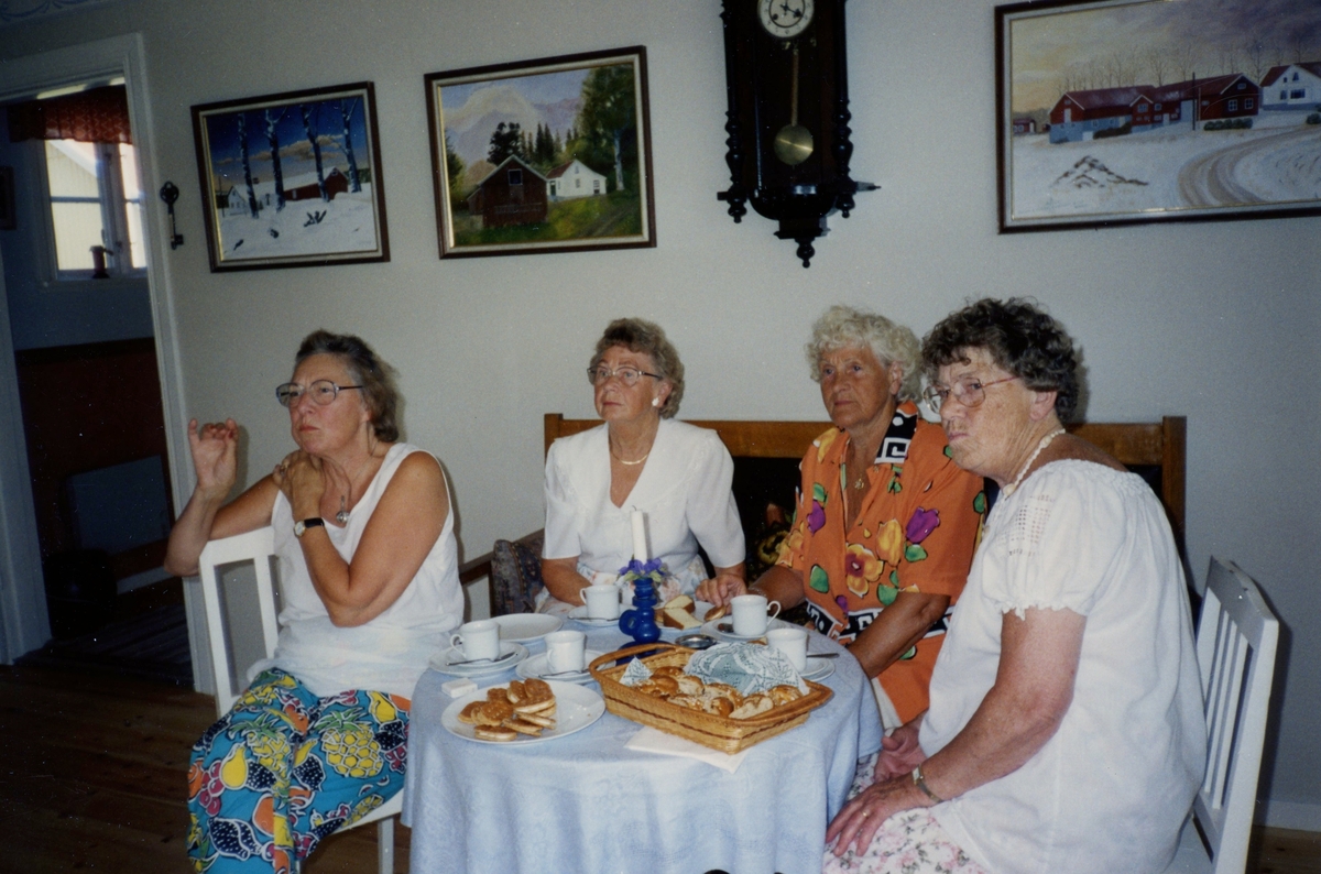 Brattåsgårdens äldreboende besöker Hembygdsgården Långåker, 1990-tal. Det är i samband med avslutning av en SV Studiecirkel*. Från vänster: Solveig Mattsson, Majken Olsson, Nancy Ehrenborg och Gördis Johansson.
