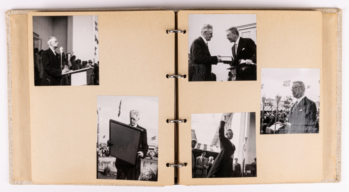 Fotoalbum innehållande fotografier från Gävleutställningen1946.
Klädd med beige linneväv samt blad i kartong.