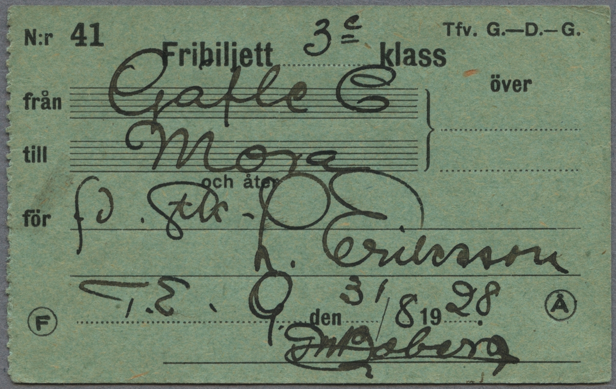 Fribiljett i tredje klass från Gävle C till Mora och åter. Biljetten är av ljust grönt papper med ett förtryckt formulär ifyllt för hand. Vänstra sidan av biljetten är avriven ur ett biljettblock. Biljetten är utfärdad för "L. Eriksson". Framför namnet står det "fd." samt en yrkestitel. Biljetten är undertecknad den 31/8 1928 av "Boberg". Längst upp till höger står det "Tfv. G.-D.-G."