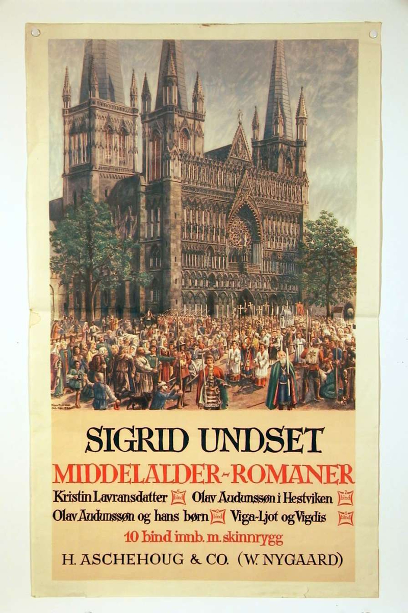 En plakat som reklamerer for S.U.s middelalderromaner, innbundet med skinnrygg. Motivet på plakaten er et religiøst opptog (Olsok?) foran vestfronten av Nidarosdomen.