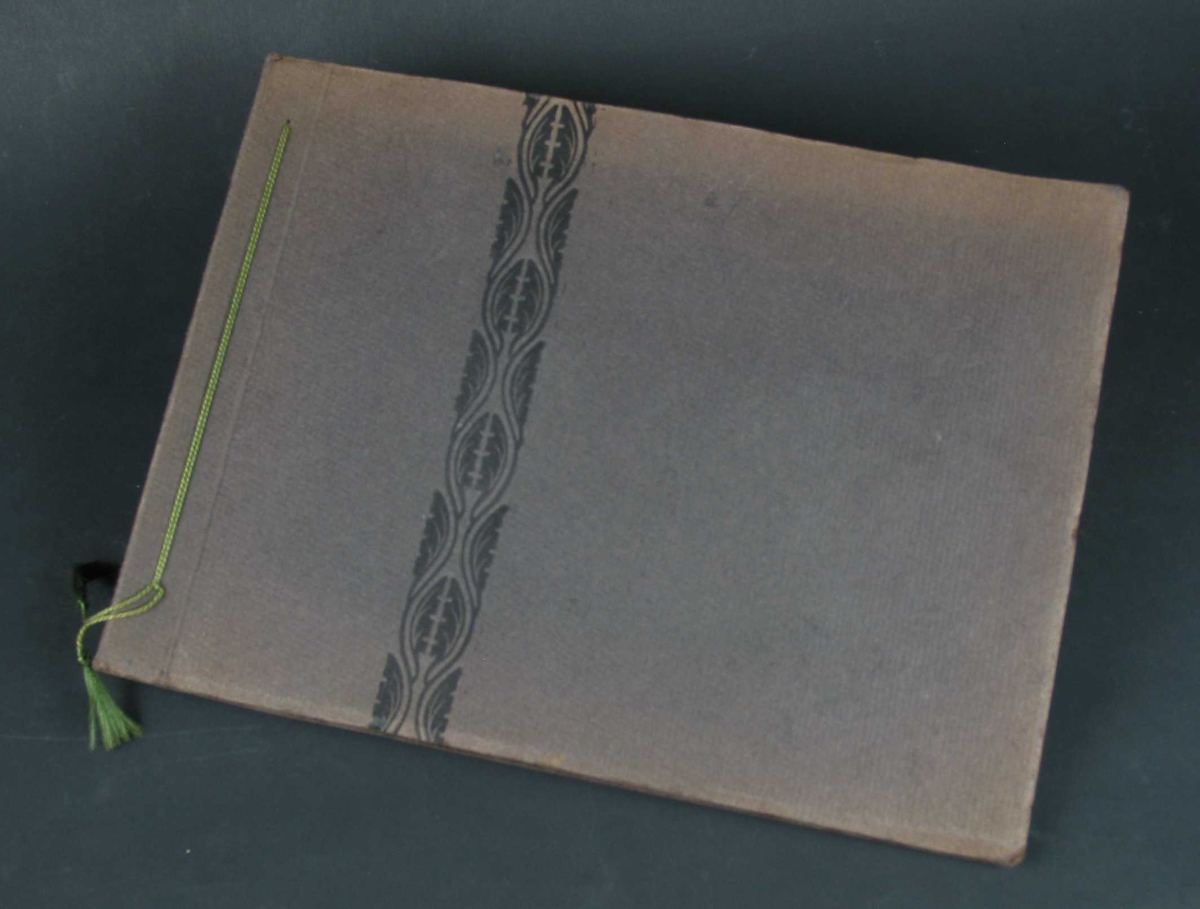 Fotoalbum i grå kartong med svart mønsterbord på omslaget. Sidene er av gråbrun kartong. I ryggen er det en grønn tvinnet snor.