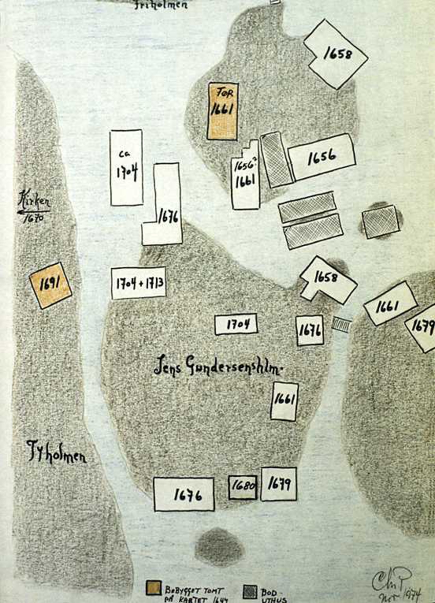 Kart Tyholmen, bebyggselsesutvikling. Laget av Chr. Poppe. 